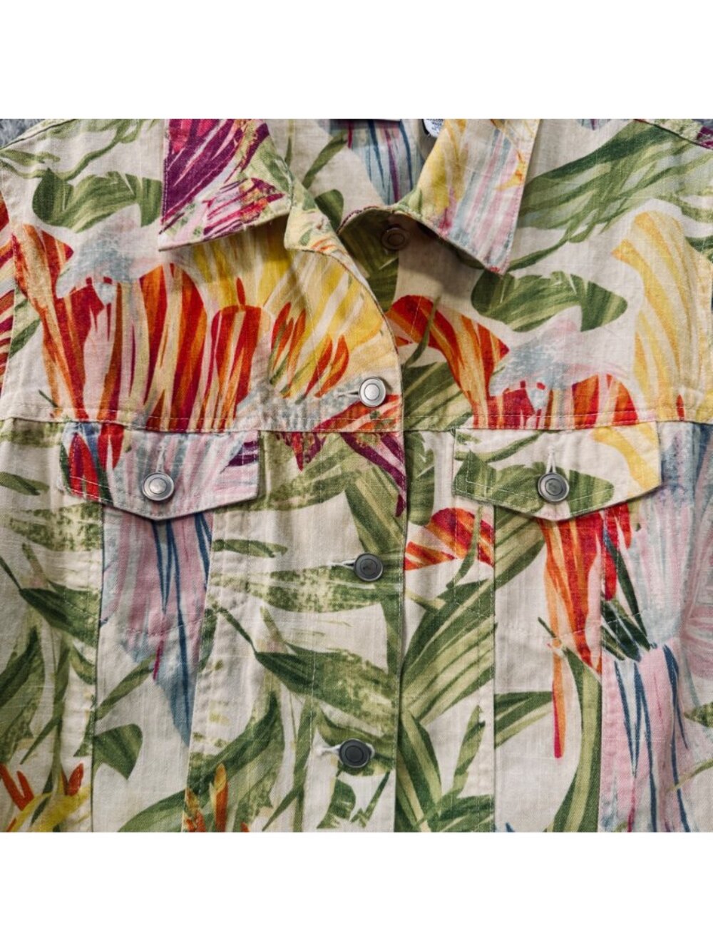 Chico's Floral Linen Blend Women's Jacket Size L Green Multi Beach Tropical - Picture 9 of 9